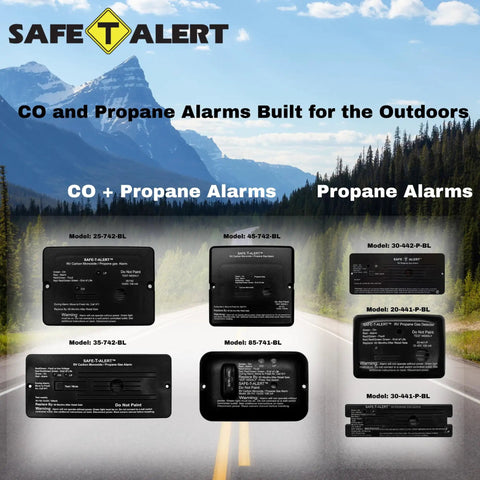 Safe-T-Alert CO and Propane Alarms product lineup displayed outdoors with various models shown.