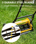 14 Inch Hand Push Reel Lawn Mower With 5 Blade Reel For Precision Scissor Like Cut, Easy To Use Manual Reel Mower With Adjustable Cutting Height 0.4 To 4 Inches, Fits 14 Or 16 Inch Yard Width For Small Yards. 5-blade steel reel on grass