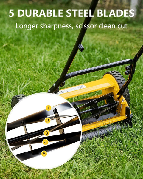 14 Inch Hand Push Reel Lawn Mower With 5 Blade Reel For Precision Scissor Like Cut, Easy To Use Manual Reel Mower With Adjustable Cutting Height 0.4 To 4 Inches, Fits 14 Or 16 Inch Yard Width For Small Yards. 5-blade steel reel on grass