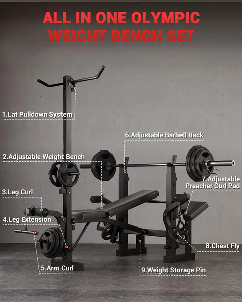 8 In 1 Weight Bench Set For Home Gym with preacher curl pad, lat pulldown, leg extension, on a gray background.