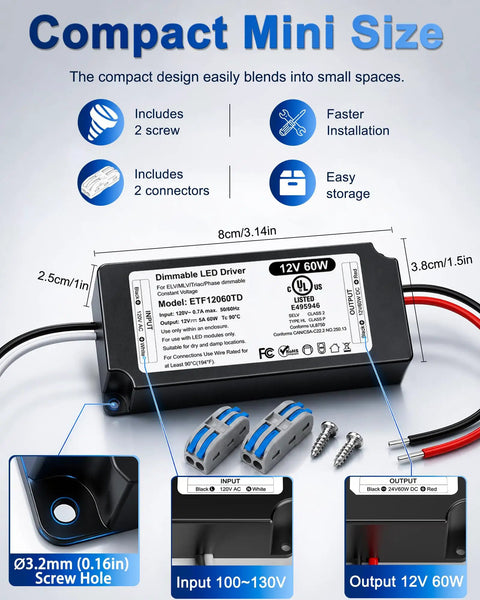 Heavy-Duty 12V LED Driver 60W Power Supply For LED Strip Lights, UL FCC Listed Class 2 Triac ELV MLV Dimming, 120V AC To 12V DC Transformer, Fully Compatible With Lutron And Leviton Dimmers, compact mini size
