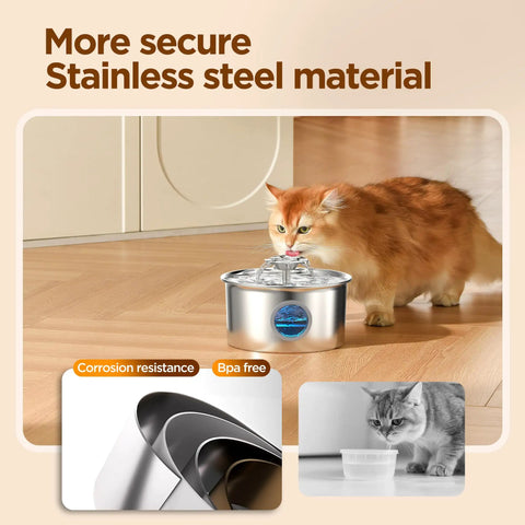 Stainless Steel Cat Water Fountain Two Point Six Liter Ultra Quiet Pet Fountain With Flower Spout And LED Blue Light Water Dispenser for cats