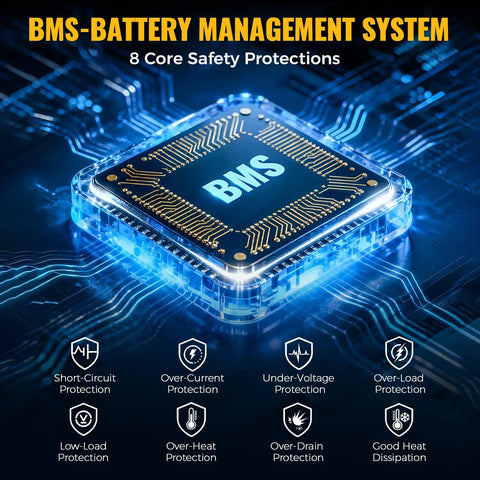 BMS system for DeWALT 20V Battery Compatible 200W Power Inverter, showcasing 8 safety protections: Short-Circuit, Over-Current, and more.