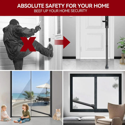 Collage of Upgraded Door Security Bar And Sliding Patio Bar Heavy Duty Adjustable Jammer in use deterring entry and securing windows.