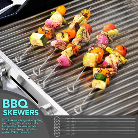 Stainless steel BBQ skewers with colorful vegetables grilling, Backyard BBQ Essential 5 Piece Grill Tools Set With Heavy Duty Wire Brush Spatula Fork Tongs And Basting Brush For Outdoor Cooking Camping And Grilling Gift For Men Dad Grill Master Approved featured.