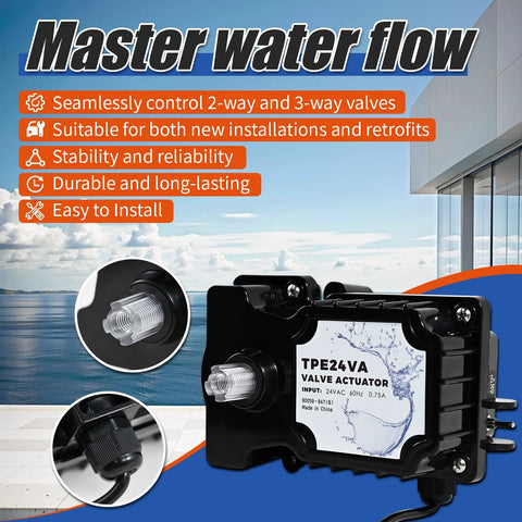 Front view of black TPE24VA 24V pool valve actuator with white label