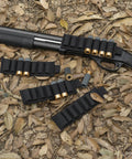 4 Pack Shotgun Shell Holder Side Saddle For 12 Gauge With 7 Rounds Buttstock Card Nylon Durable Lightweight With Adhesive Backing Cut To Fit Works With 20 Gauge Black on leaves with shotgun.