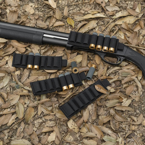 4 Pack Shotgun Shell Holder Side Saddle For 12 Gauge With 7 Rounds Buttstock Card Nylon Durable Lightweight With Adhesive Backing Cut To Fit Works With 20 Gauge Black on leaves with shotgun.