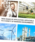 Collage showing industrial worker, greenhouse machinery, wind turbines, and factory, illustrating applications of Stainless Steel Clevis Pin Kit