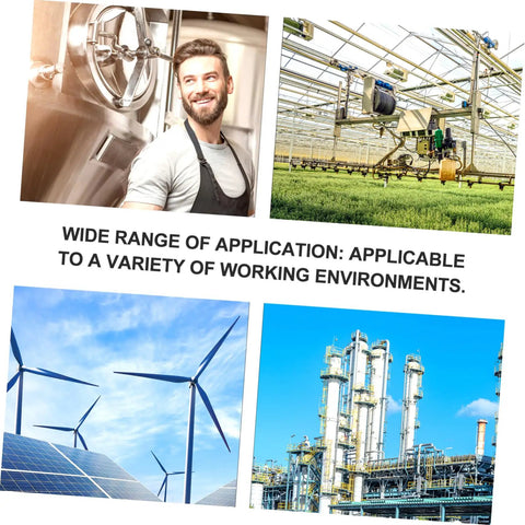 Collage showing industrial worker, greenhouse machinery, wind turbines, and factory, illustrating applications of Stainless Steel Clevis Pin Kit