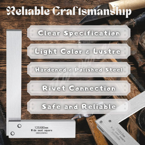 Machinist square set of four (2, 3, 4, 6 in) in hardened carbon steel with 90° wide-base L-type rulers, Amazon brand.