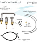 Avallon 8-Inch Widespread Bathroom Faucet components, showing faucet, handles, O-rings, supply hoses, and connector.