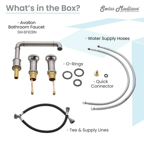 Avallon 8-Inch Widespread Bathroom Faucet components, showing faucet, handles, O-rings, supply hoses, and connector.