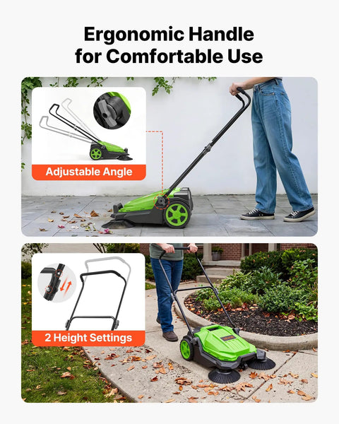VEVOR Walk-Behind Floor Sweeper With 25.6 Inches Wide Brush And Big Waste Bin Perfect For Picking Up Leaves Grass And Debris From Yards Patios Garages No Battery Or Fuel Needed Super Easy To Push Around