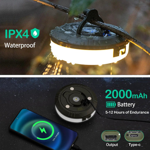 4 In 1 Camping Lantern And String Lights 32.8 Ft Outdoor Lighting Kit, IPX4 waterproof, 2000mAh battery, Type C charging