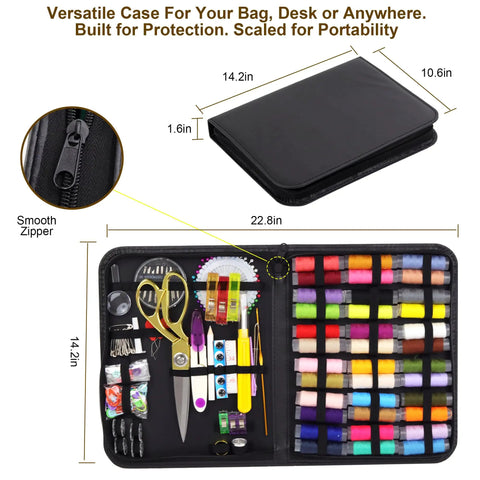 All-In-One Sewing Kit With 238-Piece Accessories For Newbies And Pros, open case showing organized needles, scissors, threads.