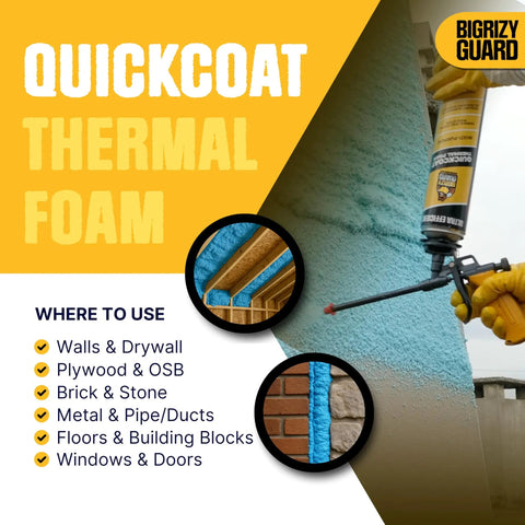 Pro Level Heavy Hitter Closed Cell Spray Foam Insulation Kit With Dependable Trigger Gun And Rapid Dissolve Cleaner 12 Pack being applied to walls.