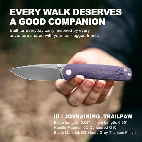 Trailpaw Folding Pocket Knife With 3.01 Inch D2 Blade And Purple G10 Handle One Hand Open EDC Built For Dog Walks And Light Outdoor Tasks Compact Everyday Carry Knife For Daily Adventures, side view in hand