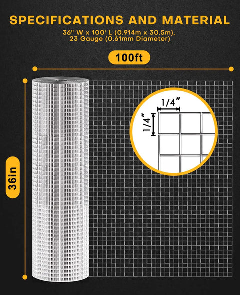 One Quarter Inch Wire Mesh Roll 36 Inch Wide 100 Feet Long Heavy Duty Hardware Cloth For Garden Yard Shop DIY Projects 23 Gauge Annealed Steel Durable Build To Keep Pests Out, rolled 36in x 100ft