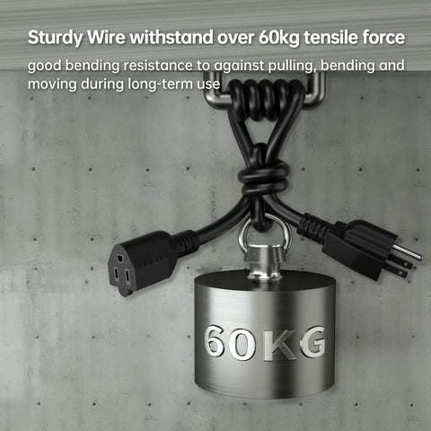 Two Pack 3 Foot Outdoor Extension Cords 16 AWG SJTW Weatherproof 13 Amp 1625 Watt ETL Listed Beefy Heavy Duty Flexible 3 Prong Power Cables showing tensile strength with 60KG weight attached
