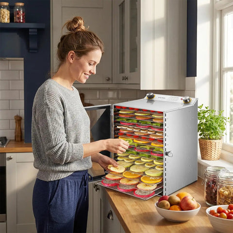 Woman using Powerful 800W Food Dehydrator Machine With 6, 8, 12 Or 18 Layer Stainless Steel Trays in kitchen