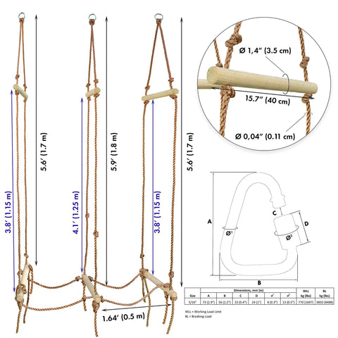 Backyard Ninja Rope Bridge Ladder for Obstacle Course Training Includes 3 Delta Carabiners Perfect for Ninja Warrior Practice Kids Playset Basement Gym Dimensions 3.3 Ft By 5.9 Ft Hardwood Dowels with dimensions and carabiner diagram.