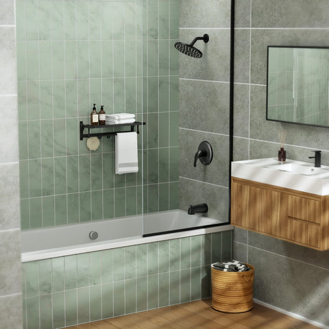 Bathroom with All-In-One Matte Black Tub And Shower Kit With 8-Inch Rain Shower Head Single-Handle Trim Tub Spout With Diverter