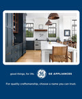 Stylish modern kitchen featuring GE appliances with sleek white countertops and dark cabinets, emphasizing reliability and craftsmanship.
