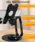 Built Different All Metal Cell Phone Stand 360 Degree Rotatable Height Adjustable, showcasing alloy construction and thickened turntable.