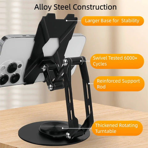 Built Different All Metal Cell Phone Stand 360 Degree Rotatable Height Adjustable, showcasing alloy construction and thickened turntable.