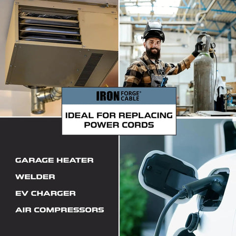Heavy Duty 10 Gauge Air Compressor And Garage Heater Cord With A Rock Solid Nema 6 30 Plug Designed For 30 Amp Welders And Shop Equipment That Delivers Badass Reliability Up To 15 Feet, featuring garage heater, welder, EV charger.