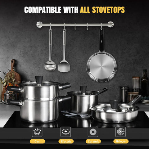 Induction Ready Stainless Steel 14 Piece Cookware Set with stay cool handles, glass lids, and steamer insert shown on stovetop