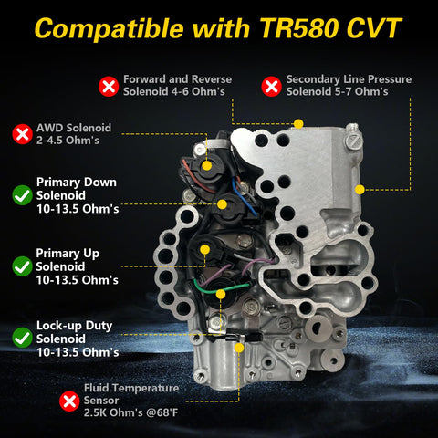 Torque Converter Lock Up Solenoid Replacement For Subaru CVT Vehicles Including Outback Impreza Legacy And Forester Easy Swap 12 To 13 Ohm TCC Solenoid TR580 TR690 Compatible With 31825AA050 31825AA051 And Codes P2762 P2763 P2764, TR580 valve body
