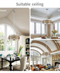5 Light Metal Drum Chandelier With Wood Grain Shade Round Pendant Ceiling Light in different room settings.