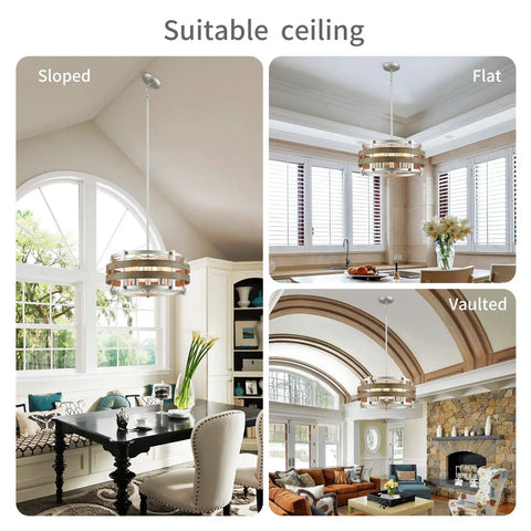 5 Light Metal Drum Chandelier With Wood Grain Shade Round Pendant Ceiling Light in different room settings.