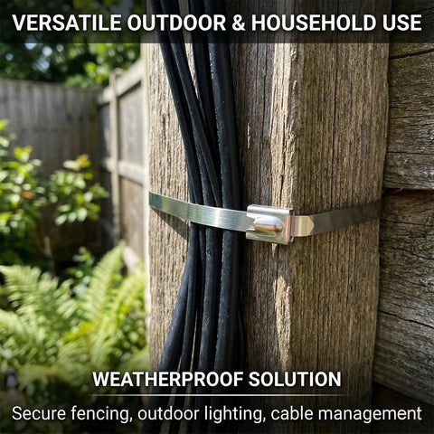 Heavy Duty 304 Stainless Steel Zip Ties, 4 Inch, 100 Pack, securing cables to wooden post outdoors, weather ready