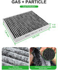 Gas and particle dual purification filter showing dimensions 8.52 x 7.28 x 1.12 inches, microfiber and coconut carbon layers