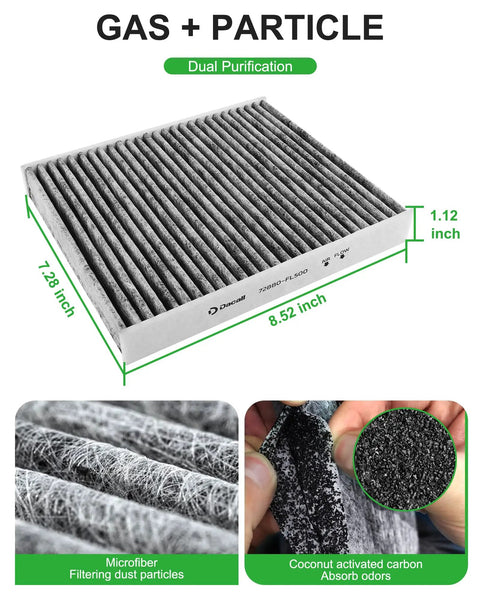 Gas and particle dual purification filter showing dimensions 8.52 x 7.28 x 1.12 inches, microfiber and coconut carbon layers