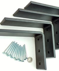 Four black steel L brackets with screws, heavy duty for countertop support six by eight inches, hidden look for granite quartz wood concrete.