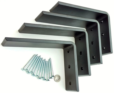 Four black steel L brackets with screws, heavy duty for countertop support six by eight inches, hidden look for granite quartz wood concrete.