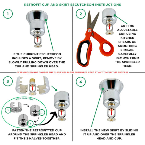 Retrofitting instructions for Heavy Duty Fire Sprinkler Escutcheon Cup Chrome Plated Two Piece Pendant Trim Plate.