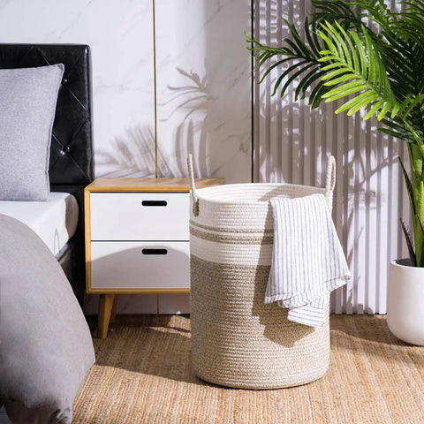 Woven Rope Laundry Hamper Basket 72L Tall Big Ol Brown Eco Friendly Natural Cotton Rope Laundry Bin beside bed and nightstand