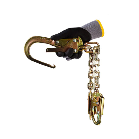 PSSW2R Rebar Positioning Chain Assembly With Swivel for work positioning, shown with rebar hook end and gloved hand grip.