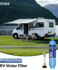 RV parked by lake with inline water filter image, highlighting RV Water Filter With Flexible Hose Protector Inline Hose Filter For Camper And Pool