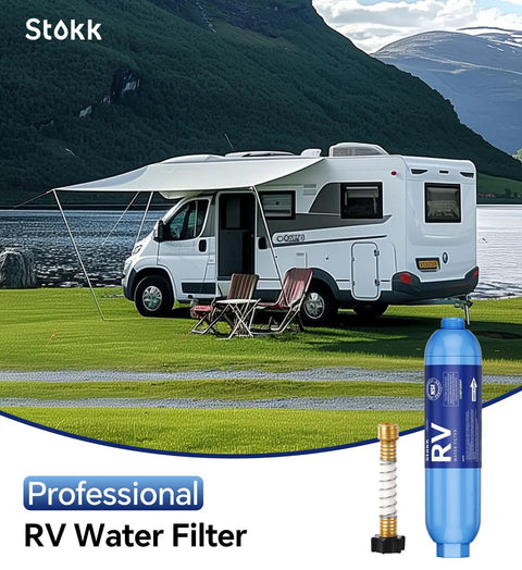 RV parked by lake with inline water filter image, highlighting RV Water Filter With Flexible Hose Protector Inline Hose Filter For Camper And Pool