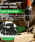 Heavy Duty Wood Screw Set Built To Last And Tough As Nails In Black Carbon Steel With Self Tapping Tips M2 M3 M4 Sizes Phillips Pan Head And Flat Head Rust Resistant Electrophoretic Finish For Harsh Environments. drill driving black wood screw into timber