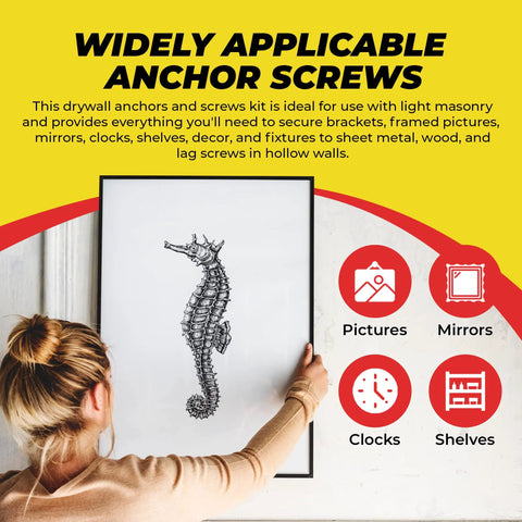 Drywall Anchors And Screws Kit With Drill Bit For Hanging Frames Shelves And Mirrors, 100 Anchors And 100 Screws, usage examples