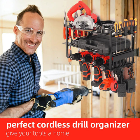 Heavy Duty Power Tool Organizer Wall Shelf For Drill Storage Rack holding drill and hand tools in workshop