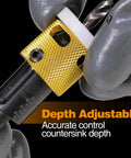 Close-up of Carbide Tipped Countersink Drill Bit Set, 5 Pack With Low Friction Depth Stop and Quick Change One Quarter Inch Hex Shank For Wood, Plastic And Woodworking, Free Spinning Collar, Pro Grade Replaceable Blade And Bit showing the depth adjustable feature.