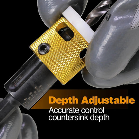 Close-up of Carbide Tipped Countersink Drill Bit Set, 5 Pack With Low Friction Depth Stop and Quick Change One Quarter Inch Hex Shank For Wood, Plastic And Woodworking, Free Spinning Collar, Pro Grade Replaceable Blade And Bit showing the depth adjustable feature.